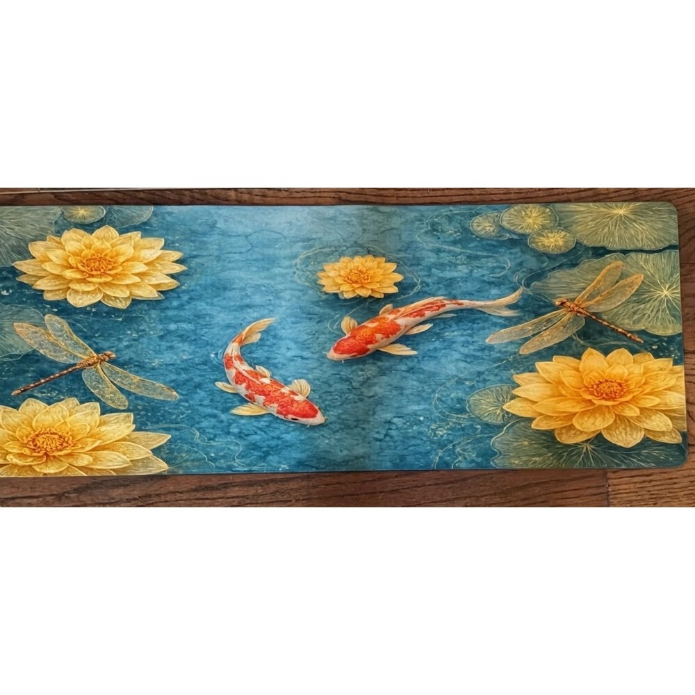Desk mat with koi and lotus flower design; large